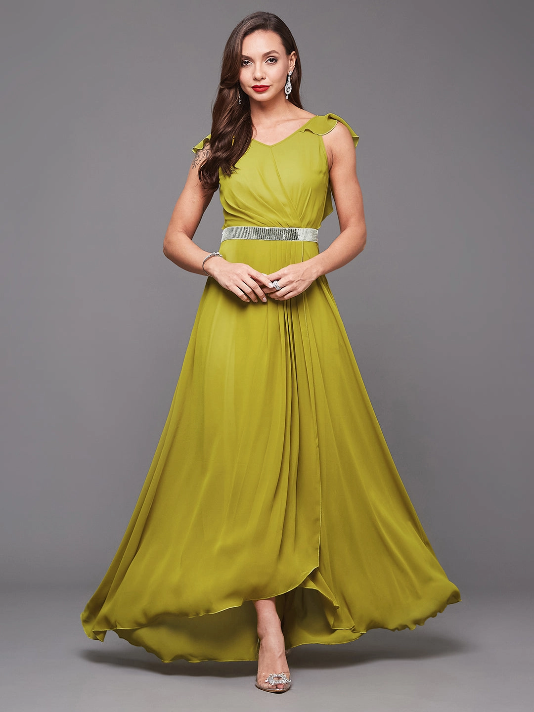 Women's Lemon Green V-Neck Ruffled Sleeve Silver Sequined Party Maxi Dress Petite-Size Mood Edge