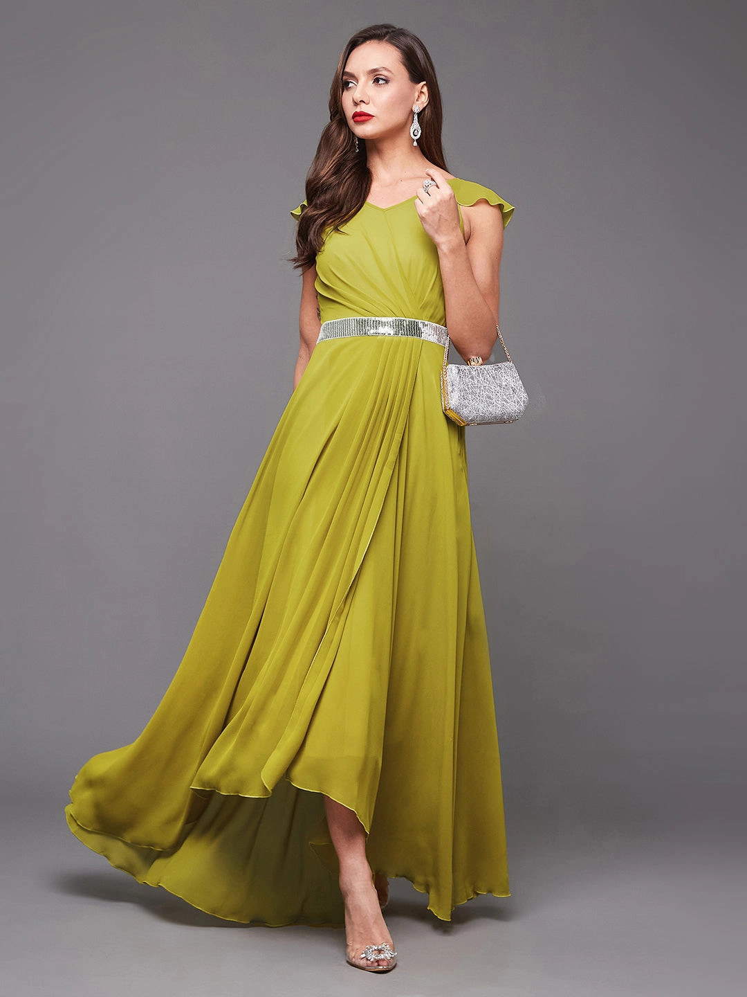 Women's Lemon Green V-Neck Ruffled Sleeve Silver Sequined Party Maxi Dress Elegant Touch
