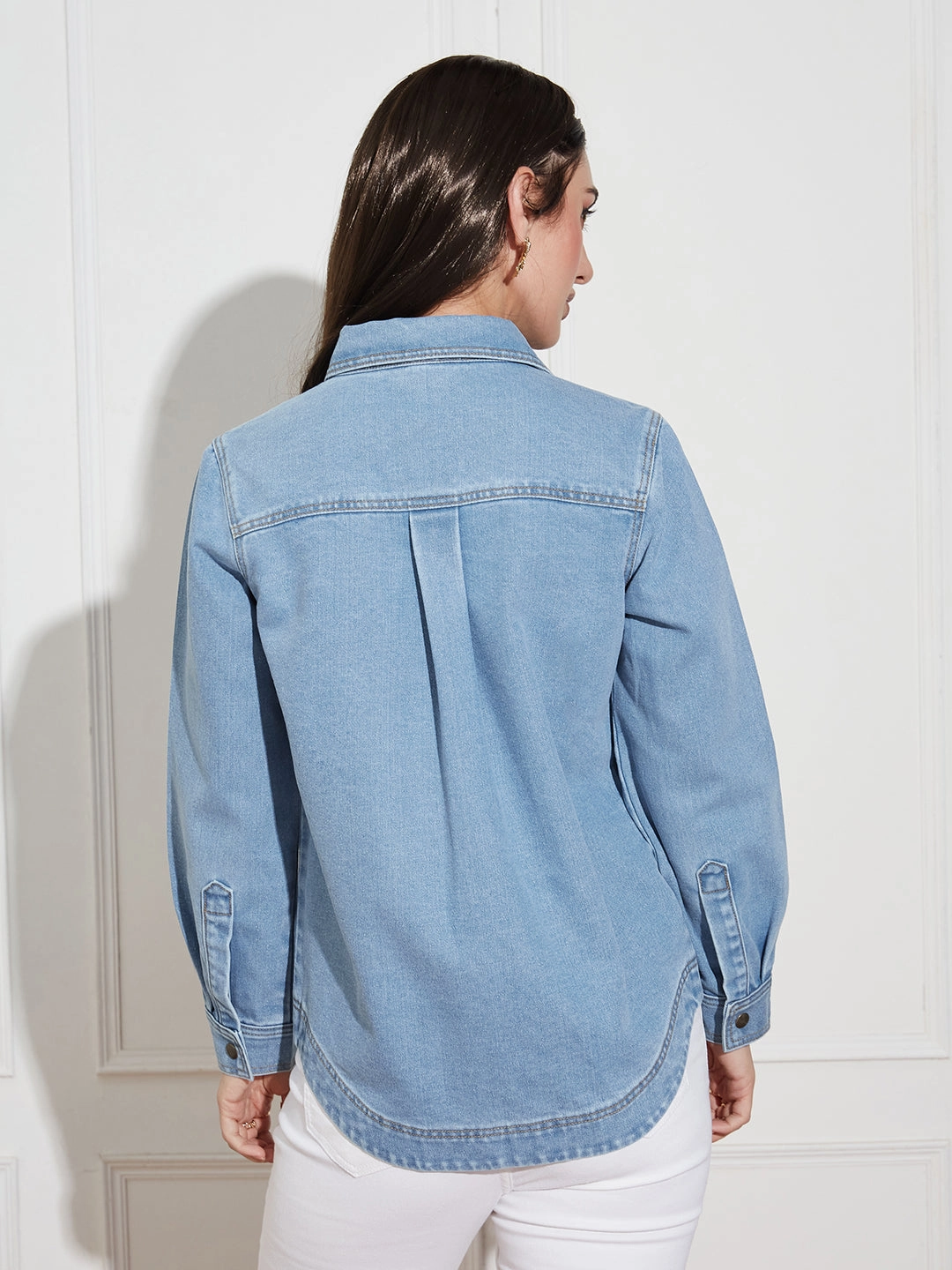 Women??s Light Blue Asymmetric Denim Shirt ?C Full Sleeves, Relaxed Fit, Collared Eco Friendly Fabric