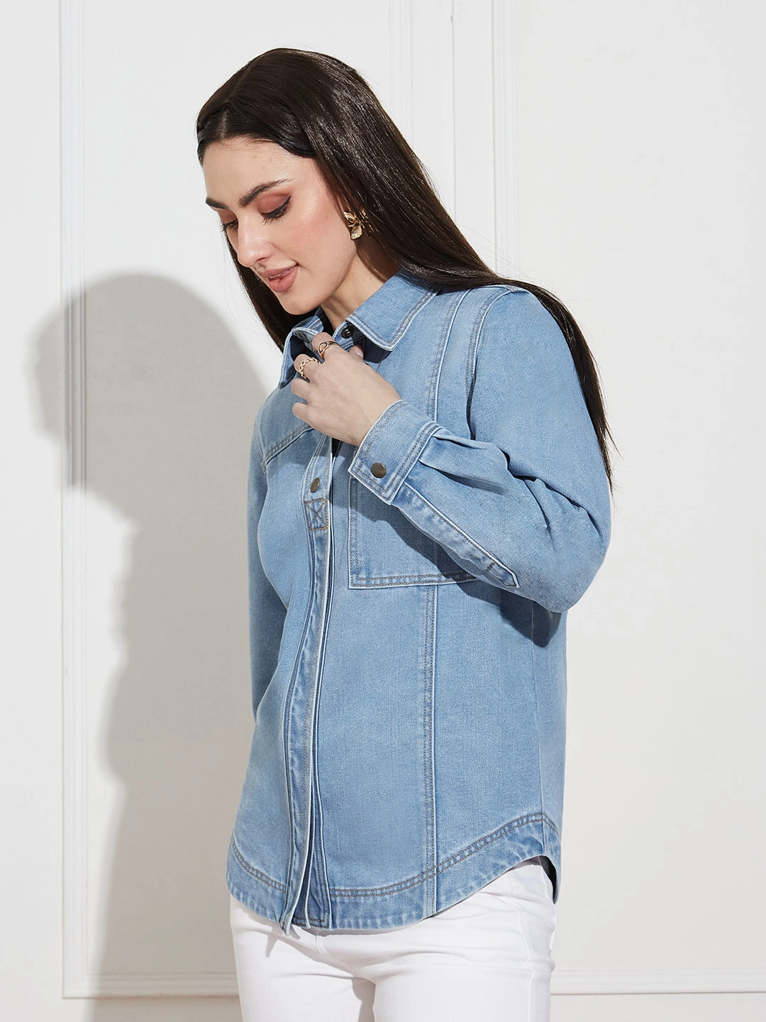 AntiPilling Technology V Neck Design Women??s Light Blue Asymmetric Denim Shirt ?C Full Sleeves, Relaxed Fit, Collared