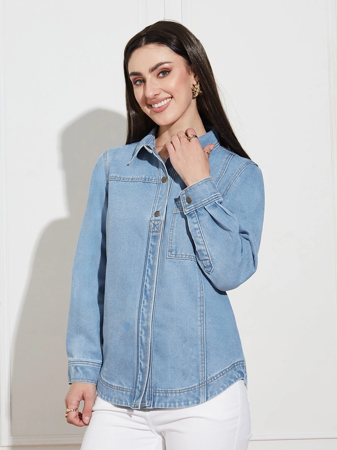 Textured Weave Pattern Women??s Light Blue Asymmetric Denim Shirt ?C Full Sleeves, Relaxed Fit, Collared