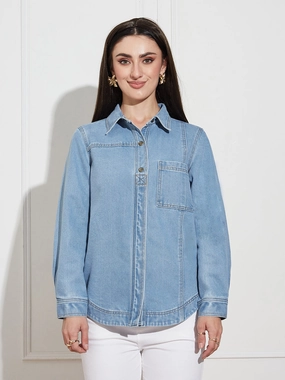 Airy Fit Women??s Light Blue Asymmetric Denim Shirt