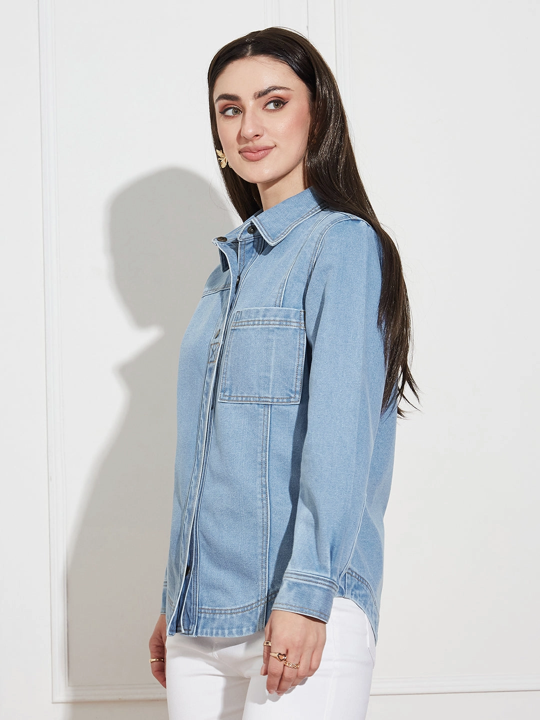 Gentle Stitch Smart Wear Women??s Light Blue Asymmetric Denim Shirt