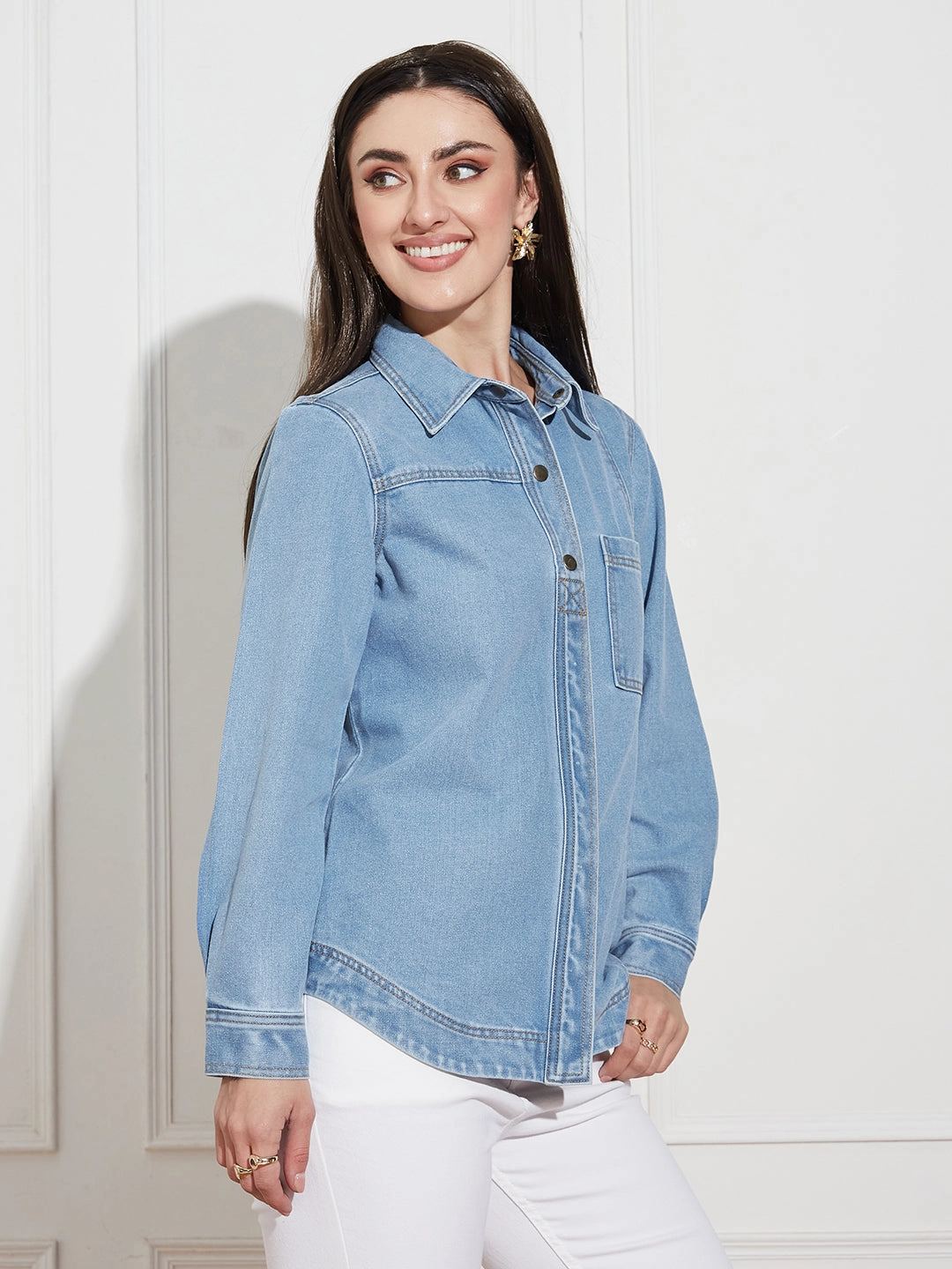 Women??s Light Blue Asymmetric Denim Shirt Quick Glam Sleek Feel