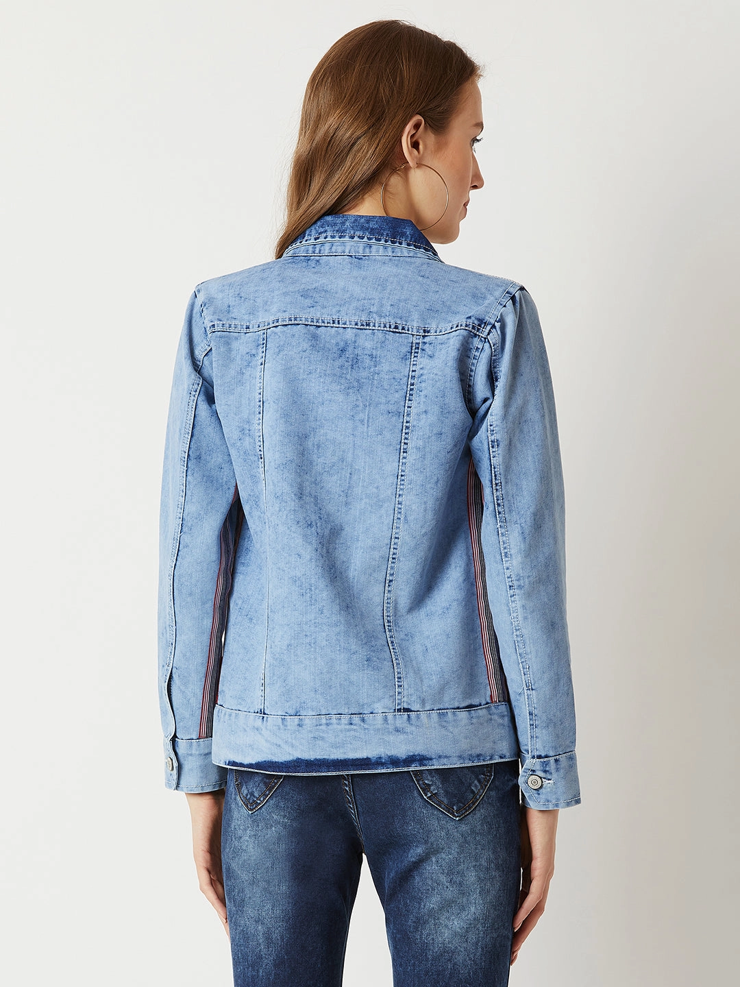 Women's Light Blue Collared Full Sleeve Denim Multicolored Twill Tape Detailing Denim Jacket Refined Casual