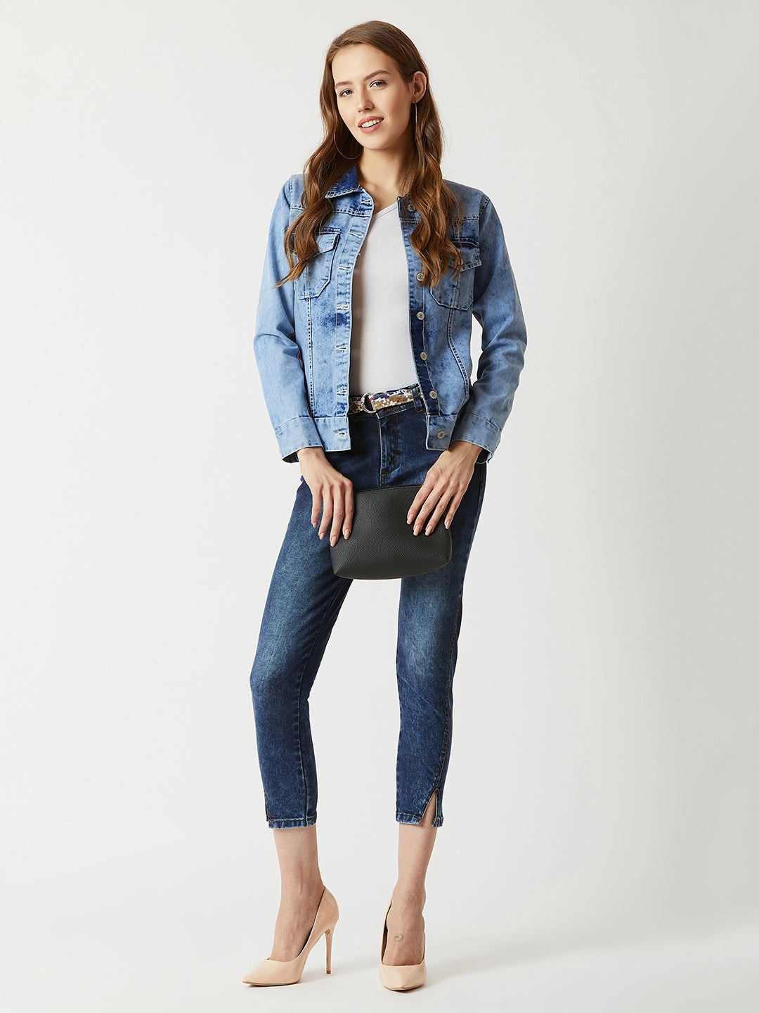 Women's Light Blue Collared Full Sleeve Denim Multicolored Twill Tape Detailing Denim Jacket Noise Reduciting Fabric Water Resistant Fabric