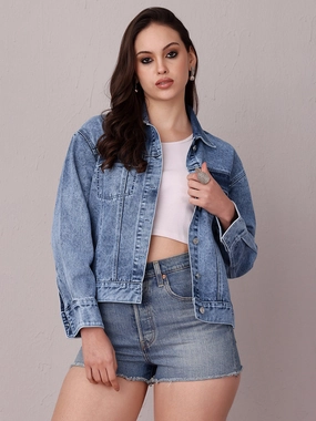 Move Free Women's Light Blue Collared Full Sleeve Solid Classic Regular Length Denim Jacket