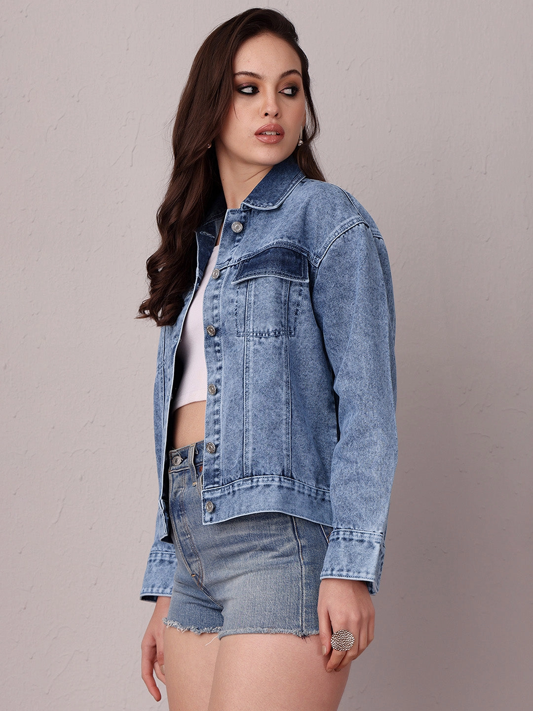 Women's Light Blue Collared Full Sleeve Solid Classic Regular Length Denim Jacket Wrap Charm Back Glow