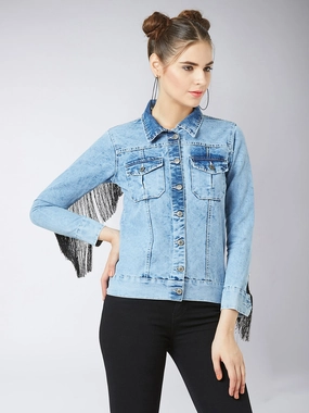 Women's Light Blue Collared Full Sleeves Solid Fringed Jacket RecycledPolyester Casual Style