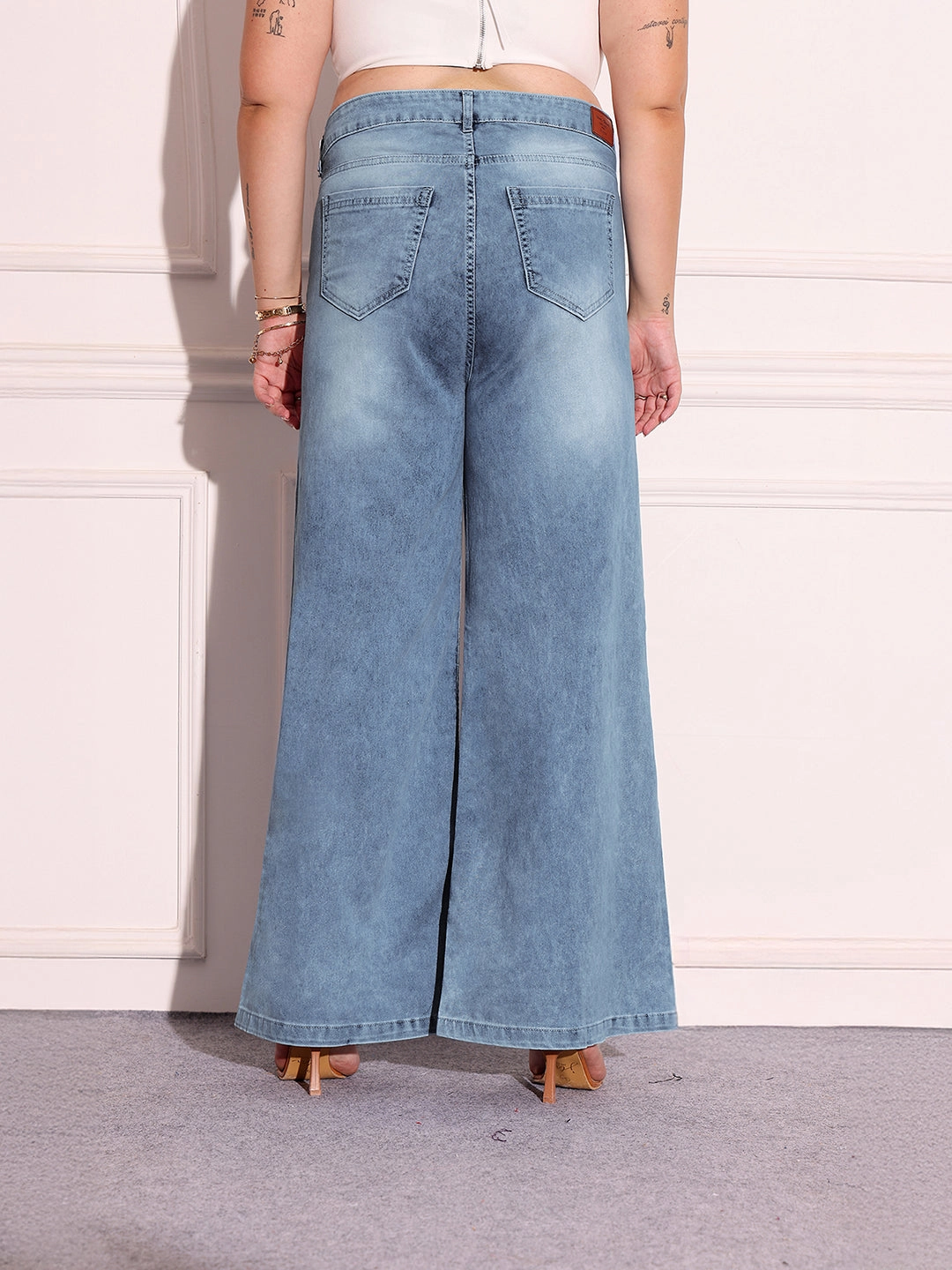 Women's Light Blue High-Rise Stretchable Denim Wide-Leg Shaping Jeans Morning Stroll Evening Stroll Trend Setter Stylish Silhouette