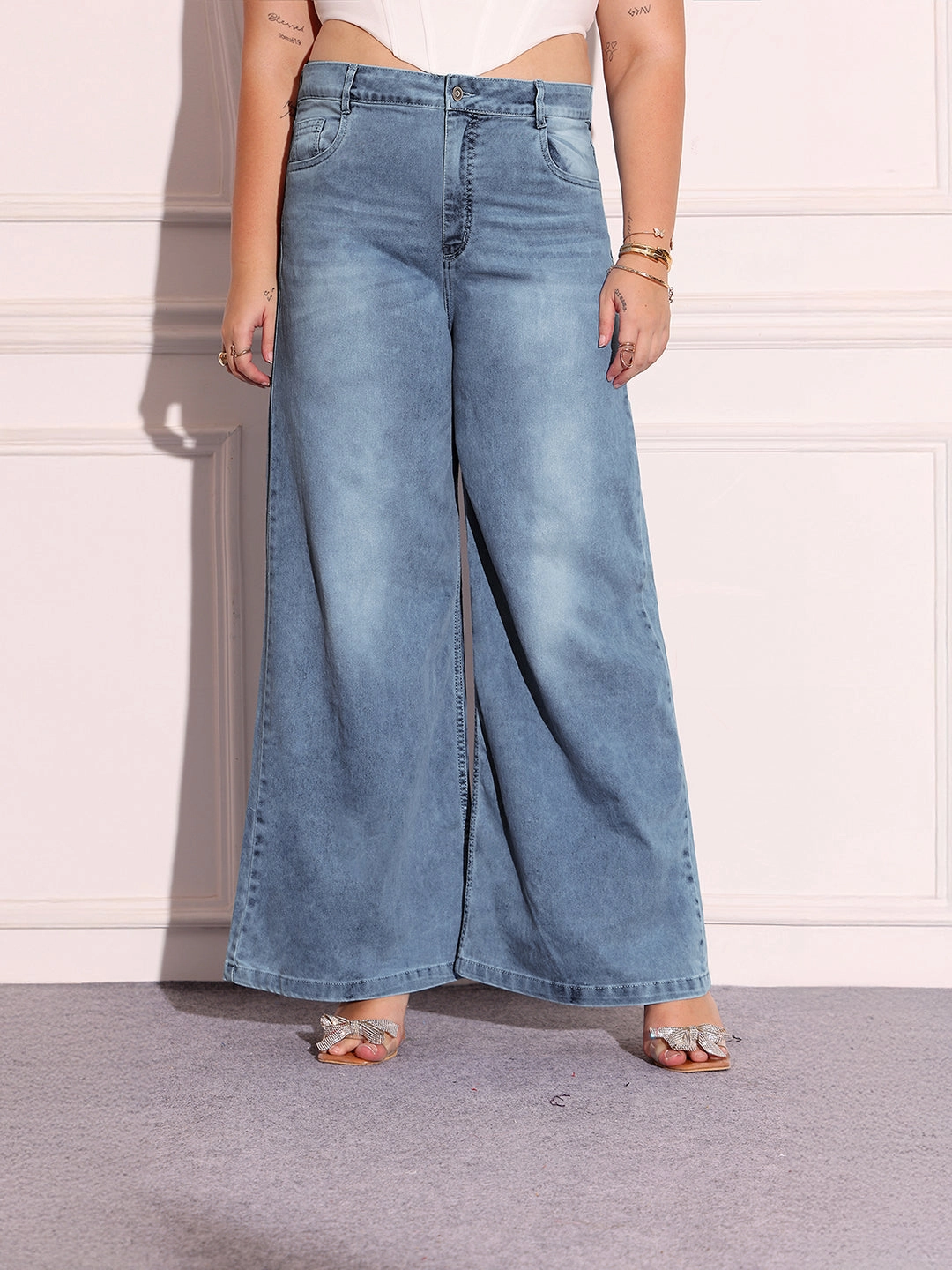 Women's Light Blue High-Rise Stretchable Denim Wide-Leg Shaping Jeans Effortless Clothing Eco Friendly Production