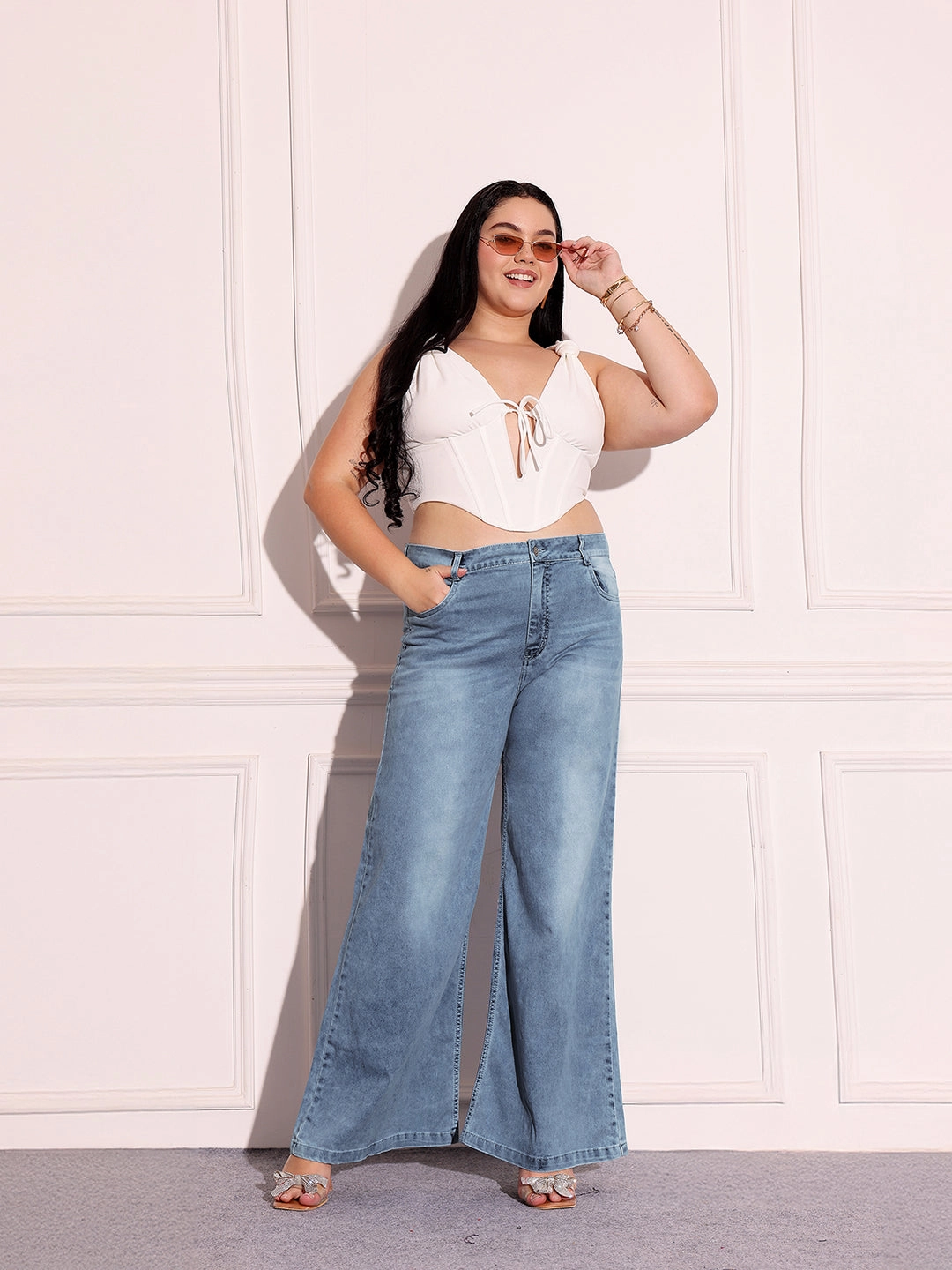 Women's Light Blue High-Rise Stretchable Denim Wide-Leg Shaping Jeans Simple Choice