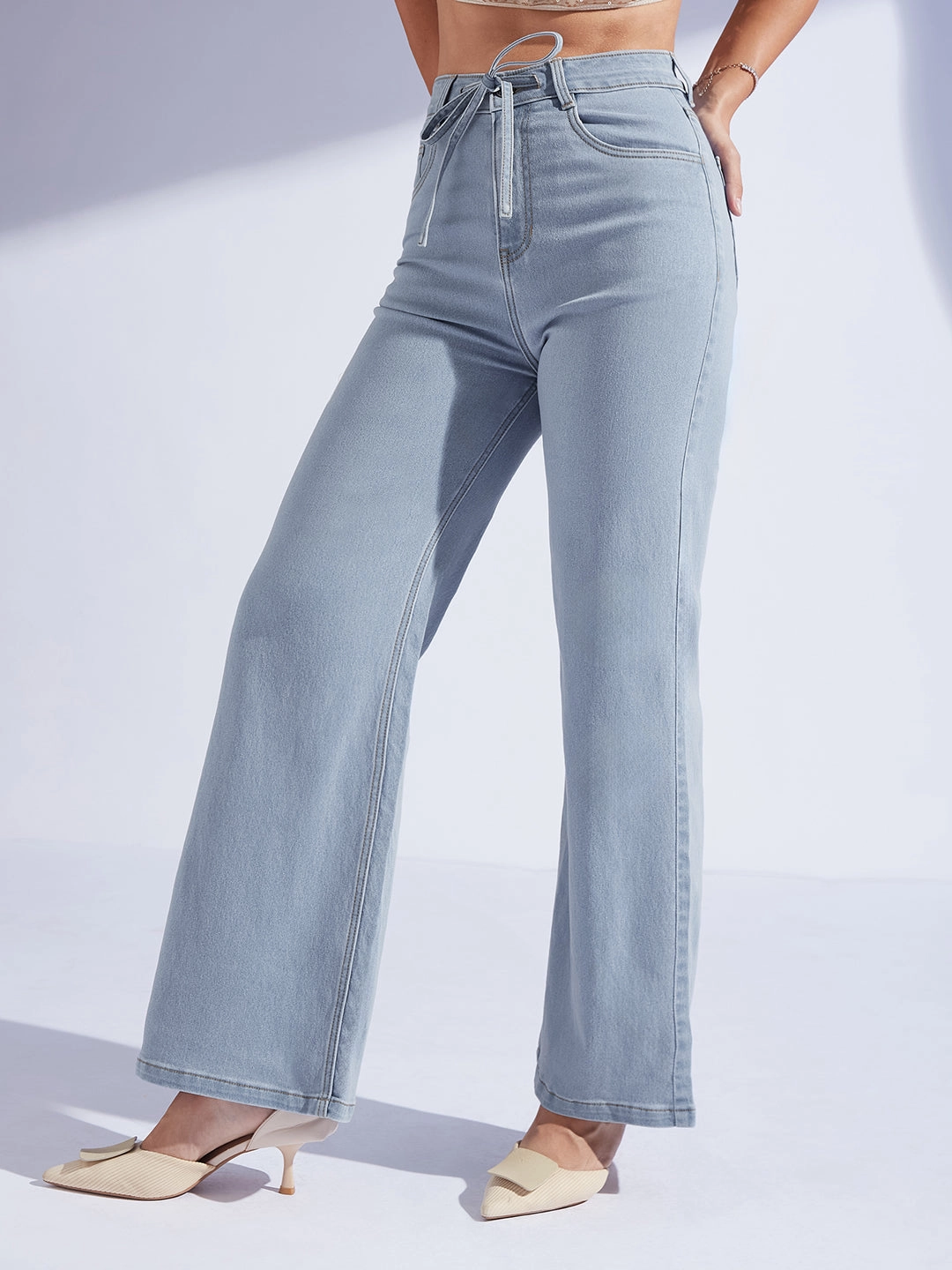 Casual Friday Classic Eco Friendly Lightweight Modern Women's Light Blue High-Rise Wide Leg Stretch Denim Jeans with Tie-Up Waist
