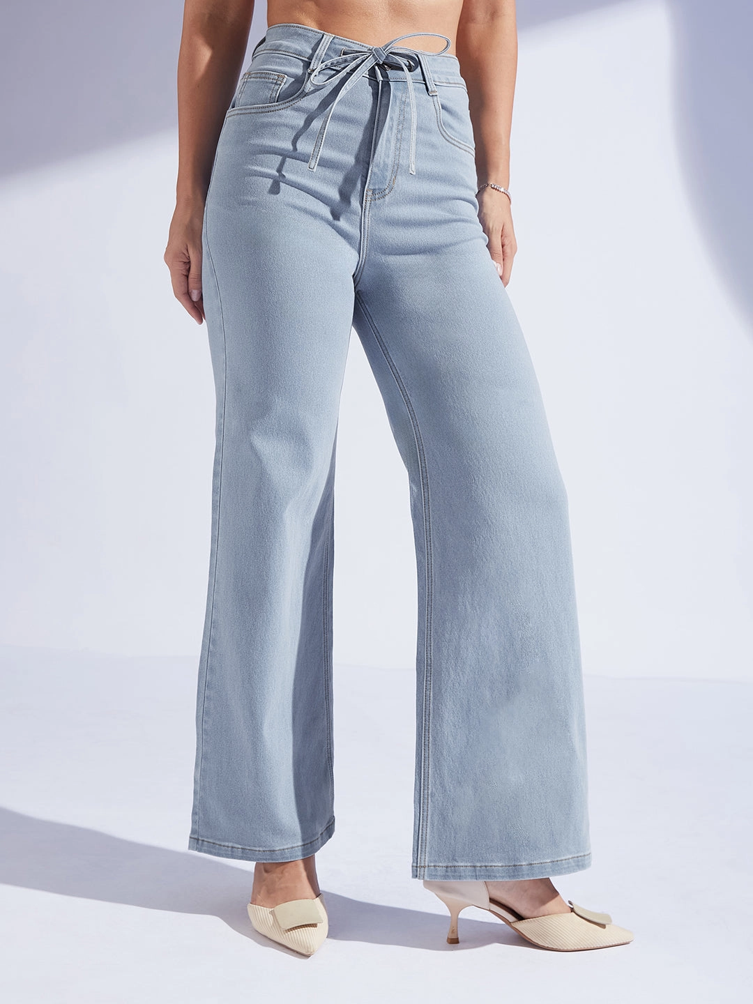 Women's Light Blue High-Rise Wide Leg Stretch Denim Jeans with Tie-Up Waist Comfy Waist Fit Minimal Fit