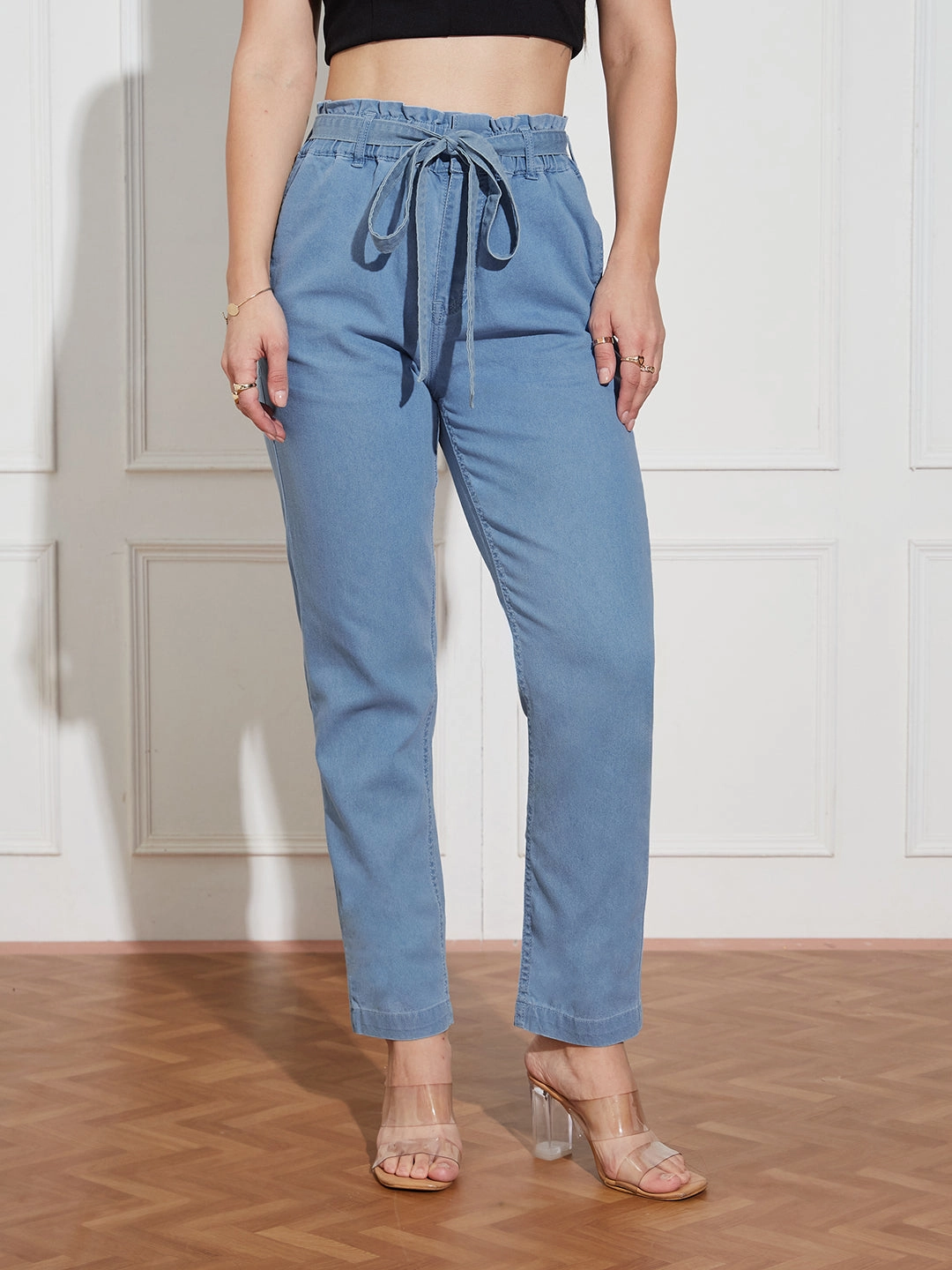 Women's Light-Blue Paperbag-Fit High-Rise Clean-Look Regular-Length Stretchable Denim Jeans Relaxed Tailoring