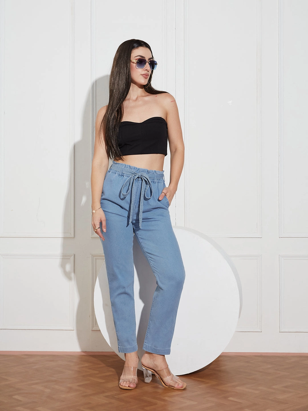 Timeless Wear Timeless Design Women's Light-Blue Paperbag-Fit High-Rise Clean-Look Regular-Length Stretchable Denim Jeans