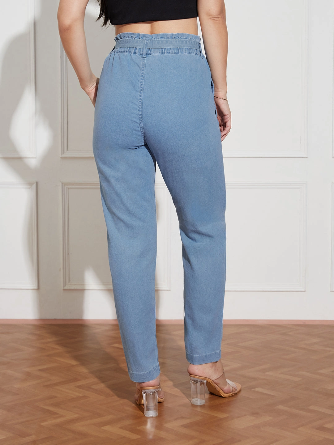 All Round Fit Women's Light-Blue Paperbag-Fit High-Rise Clean-Look Regular-Length Stretchable Denim Jeans