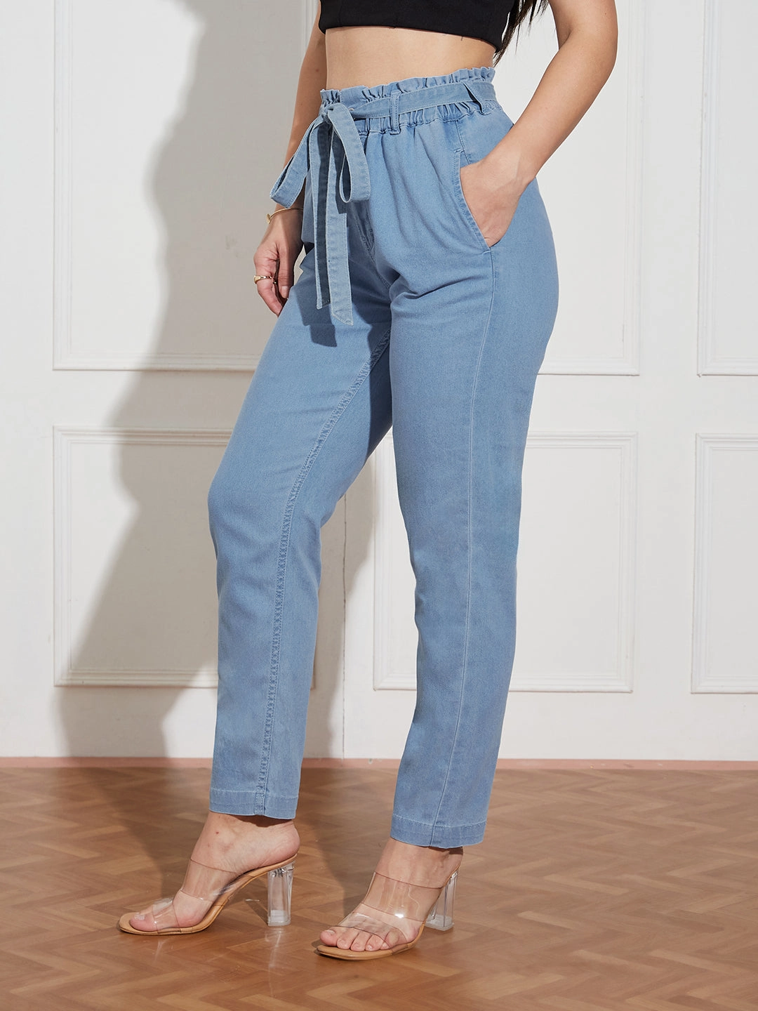 Party Look Earthy Versatile Fit Women's Light-Blue Paperbag-Fit High-Rise Clean-Look Regular-Length Stretchable Denim Jeans