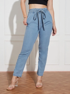 Smooth Road Trip All Day Use Women's Light-Blue Paperbag-Fit High-Rise Clean-Look Regular-Length Stretchable Denim Jeans