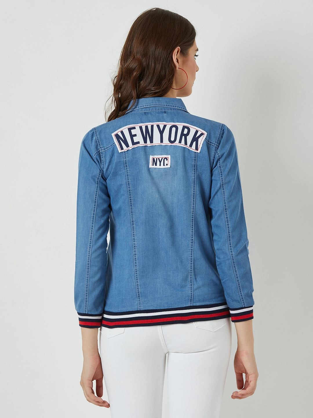 All Weather Piece Women's Light Blue Polo Neck Full Sleeve Solid Bomber Regular Length Jacket