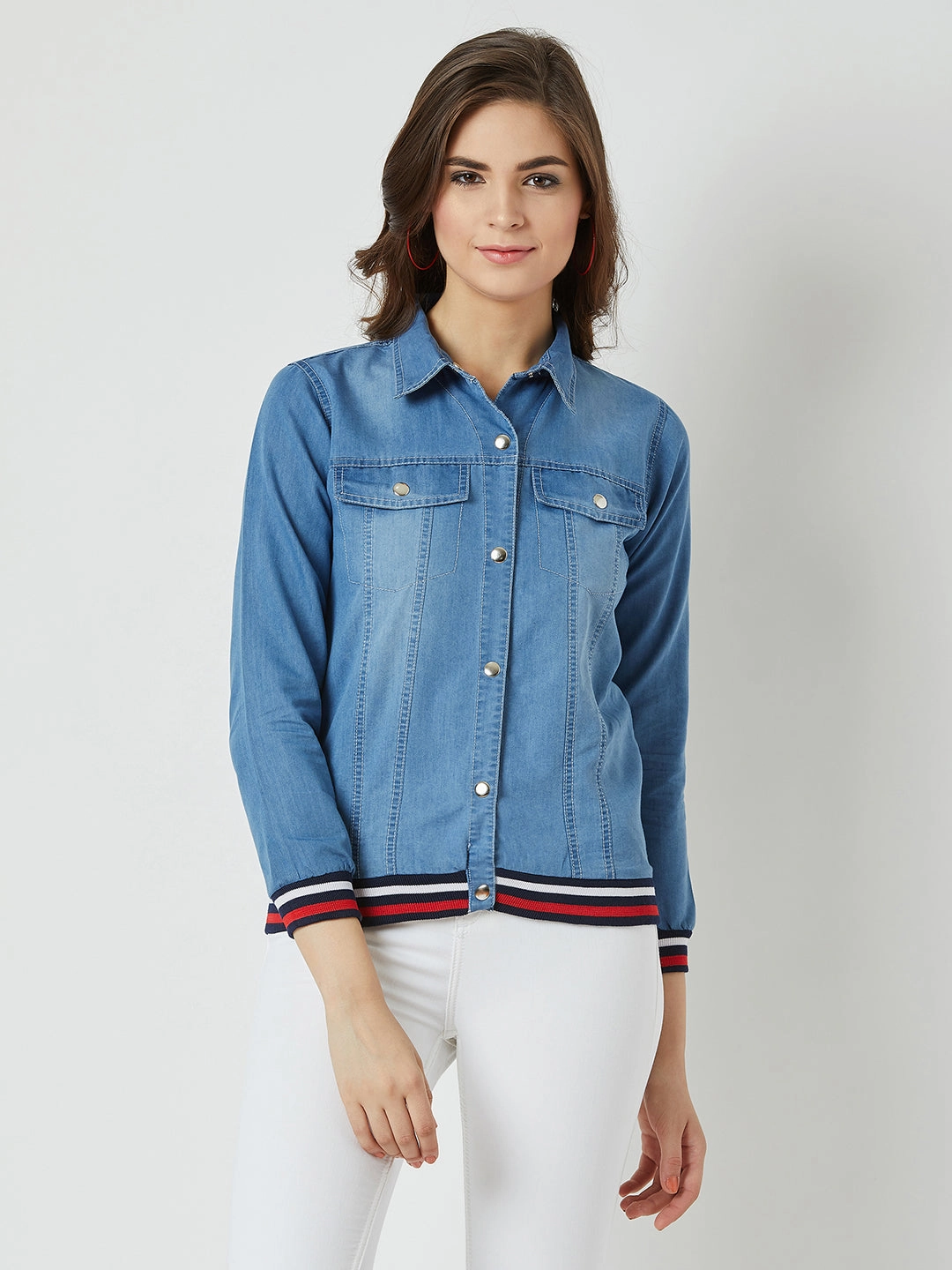 Cool Tone City Ready Style Women's Light Blue Polo Neck Full Sleeve Solid Bomber Regular Length Jacket