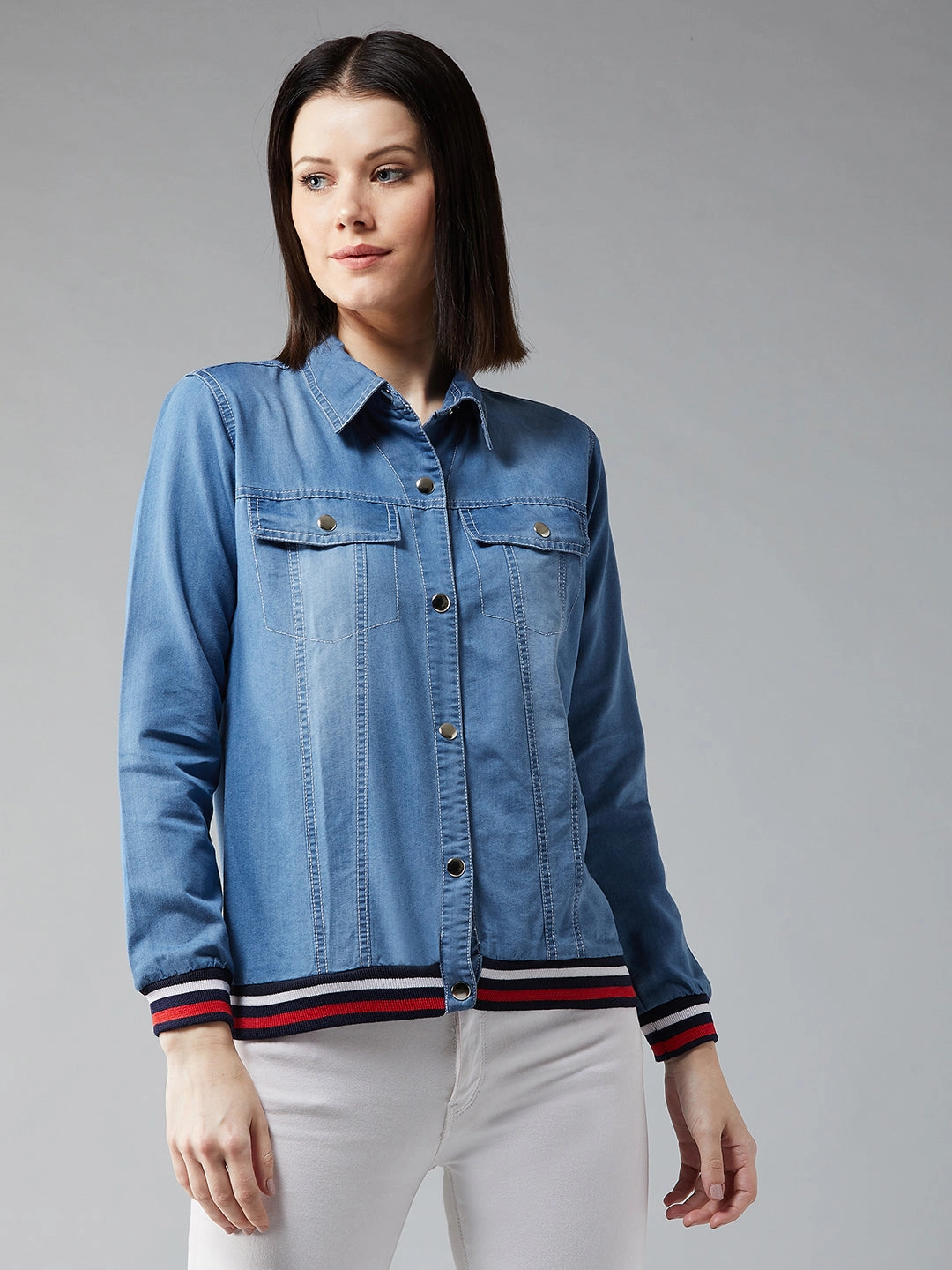 Minimal Detailing Women's Light Blue Polo Neck Full Sleeve Solid Bomber Regular Length Jacket