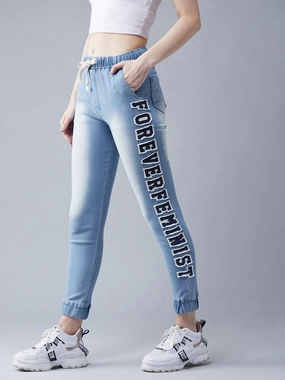 Women's Light Blue Regular Fit Mid Rise Clean-Look Regular Length Stretchable Denim Jogger No Chafe