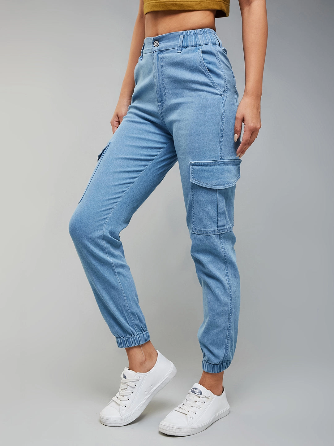 Women's Light Blue Regular High-Rise Light Weight Stretchable Denim Joggers High Durability Stitching