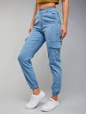 Women's Light Blue Regular High-Rise Light Weight Stretchable Denim Joggers High Durability Stitching