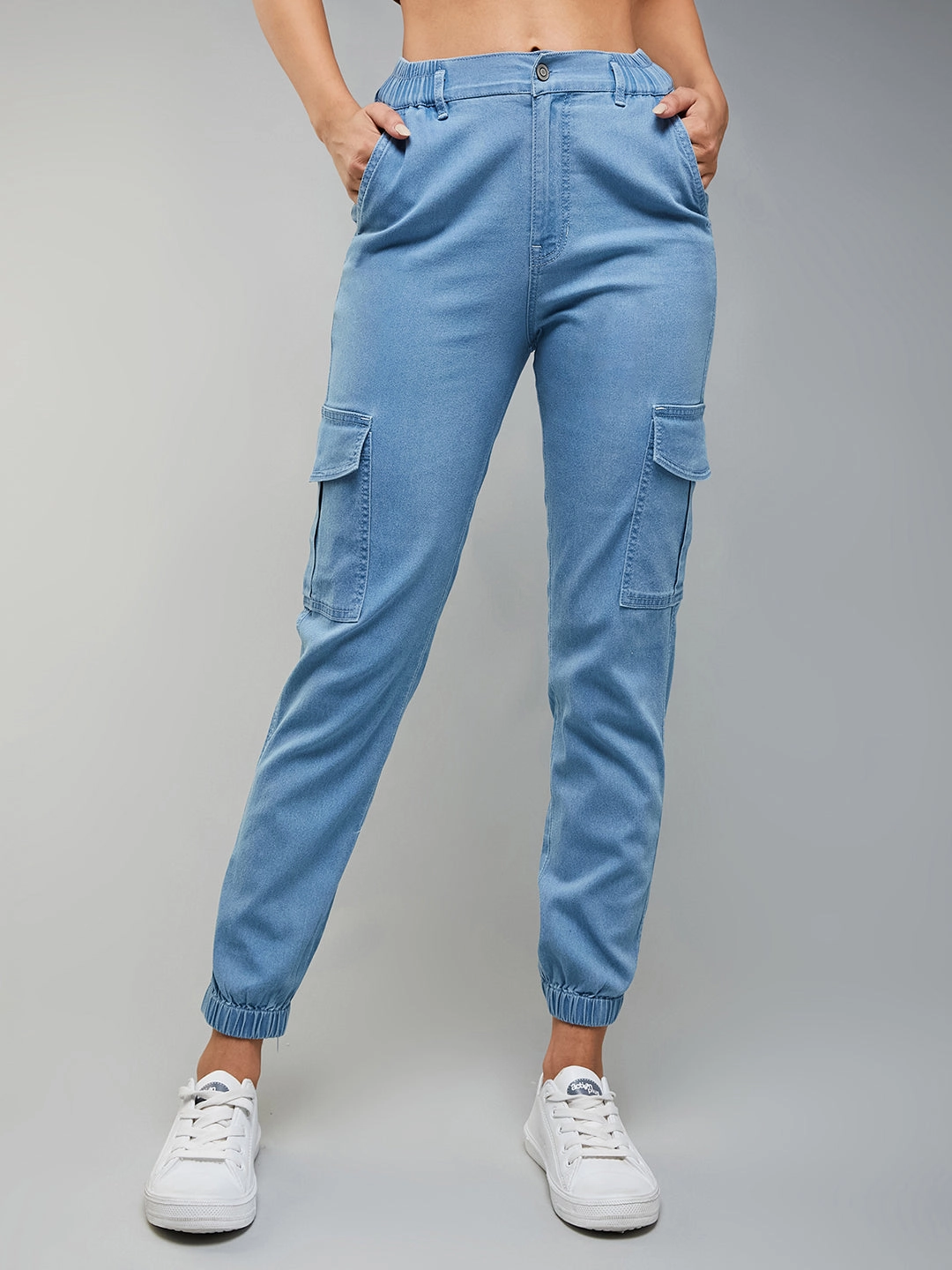 Active Utility Polyester fabric Women's Light Blue Regular High-Rise Light Weight Stretchable Denim Joggers