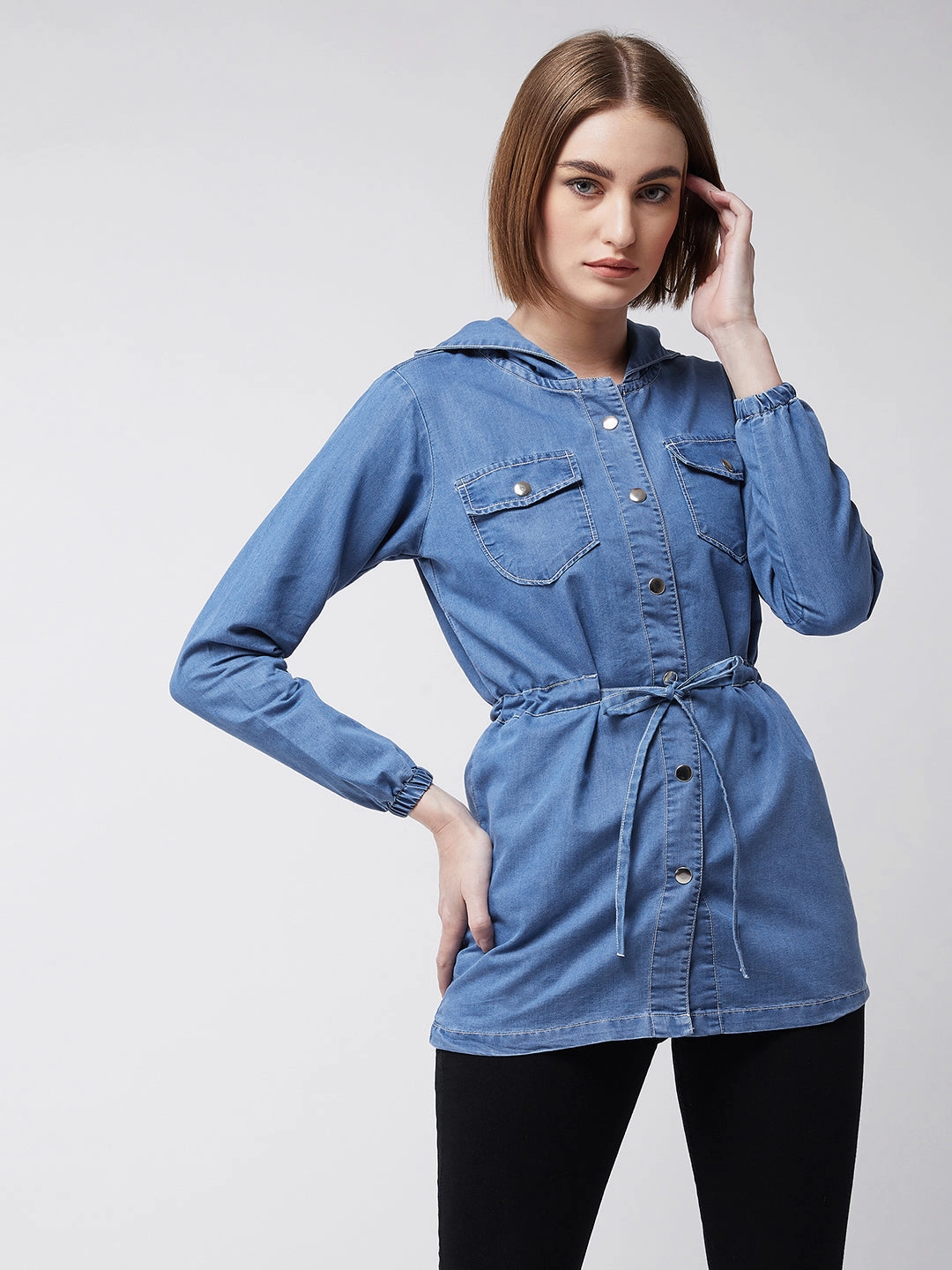 Women's Light Blue Round Neck Full Sleeve Solid hoody with tie-up Long Denim Jacket Pocket Details