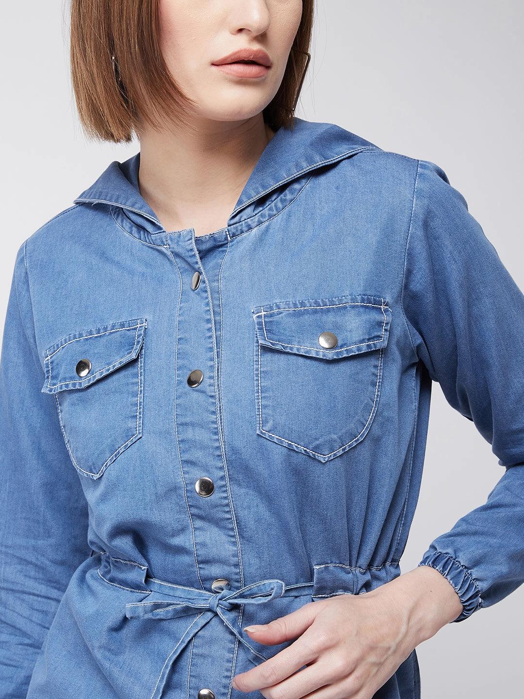 Water Resistant Classic Casual Look Women's Light Blue Round Neck Full Sleeve Solid hoody with tie-up Long Denim Jacket