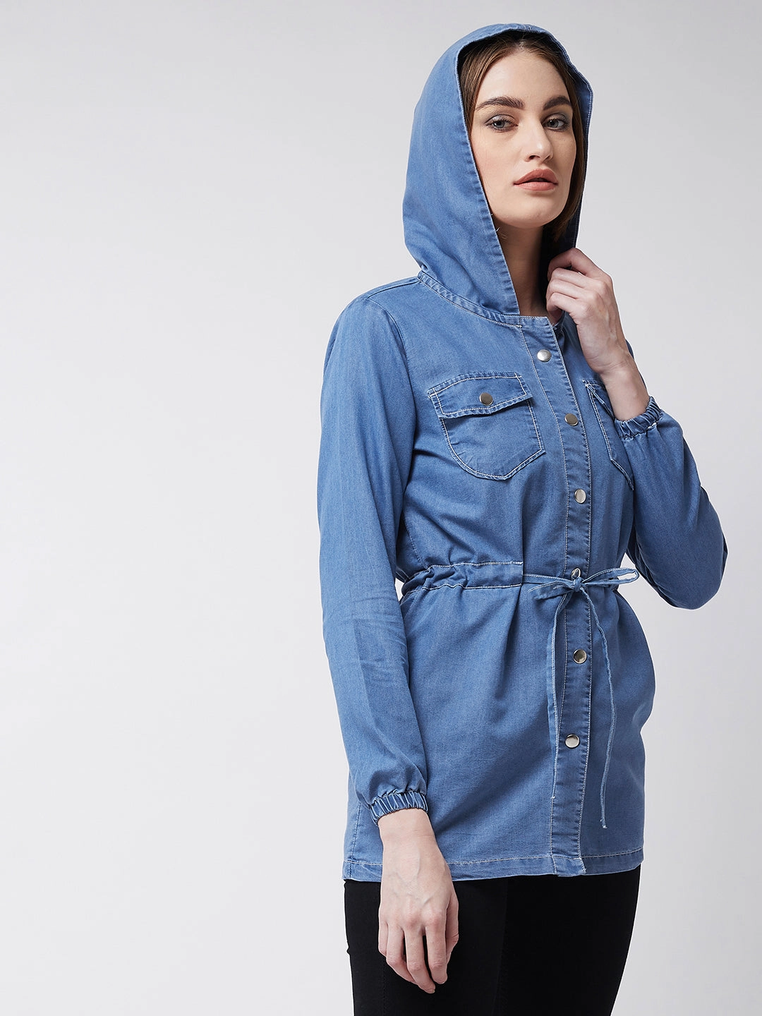 Women's Light Blue Round Neck Full Sleeve Solid hoody with tie-up Long Denim Jacket Non Bulky Design