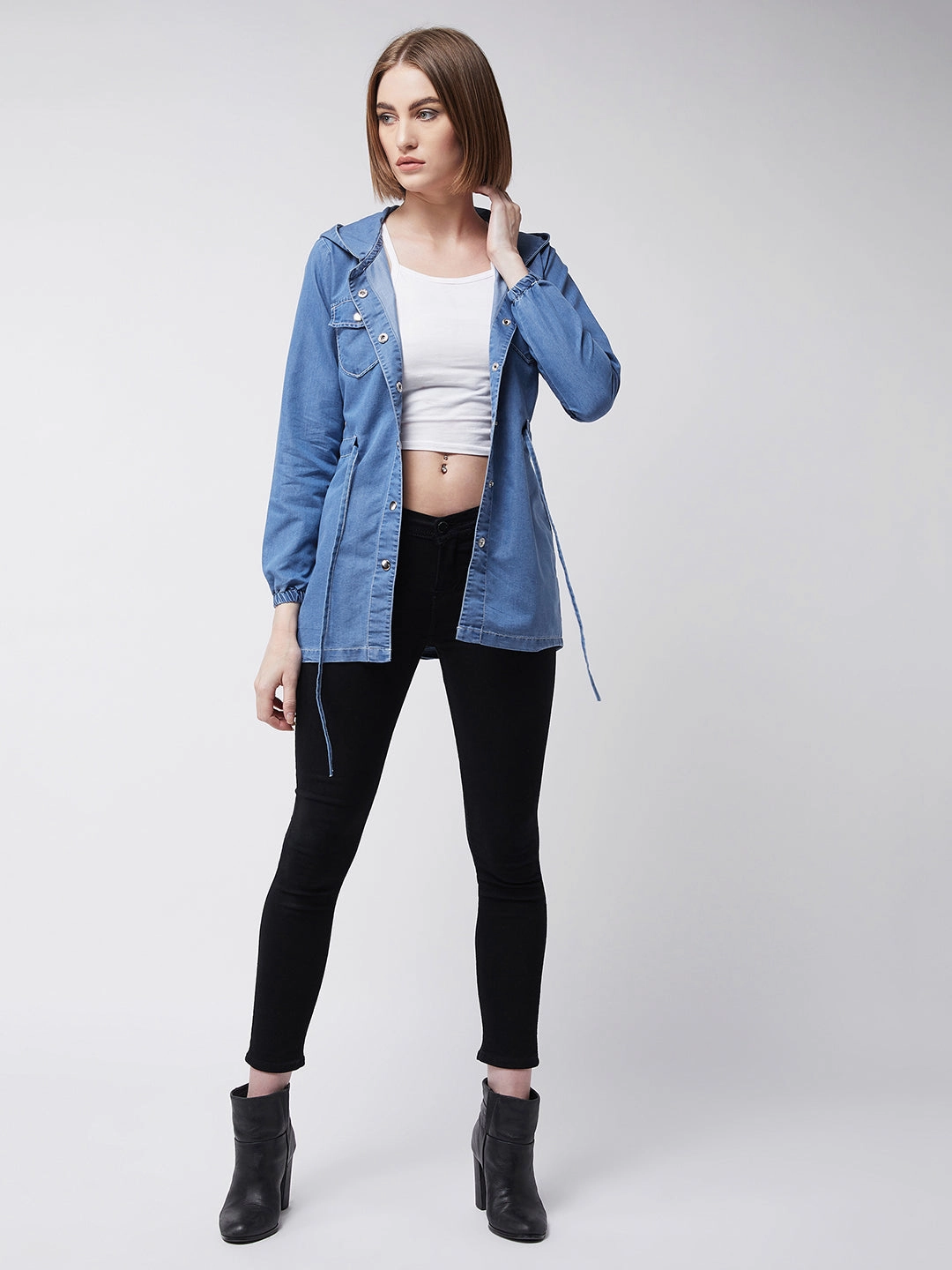 SlipResistantFastenings Women's Light Blue Round Neck Full Sleeve Solid hoody with tie-up Long Denim Jacket