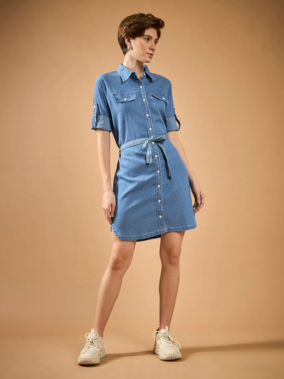 Clean Grace Skin Tone Women's Light Blue Round Neck Roll Up Sleeve Solid Buttoned Mini Belted Collared Denim Shirt Dress