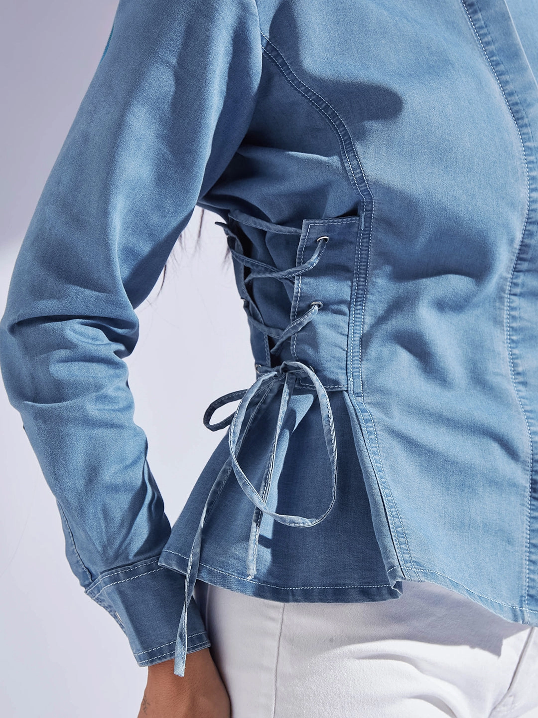 Airflow Mesh Insert Women's Light Blue Shirt Collar Full Sleeve Adjustable Tie Up Regular-Length Denim Shirt