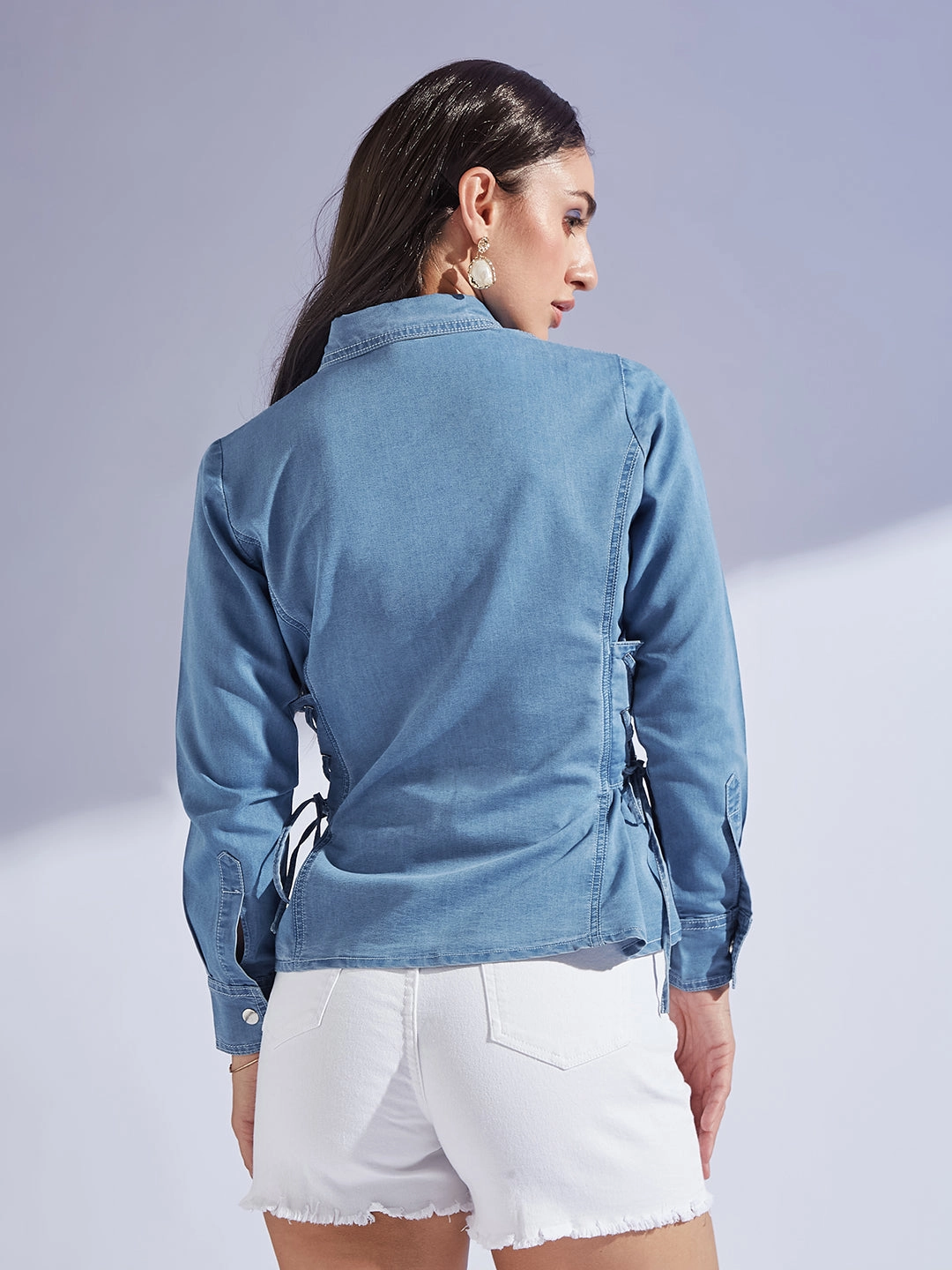 Fitted Blouse AllDay Comfort Women's Light Blue Shirt Collar Full Sleeve Adjustable Tie Up Regular-Length Denim Shirt