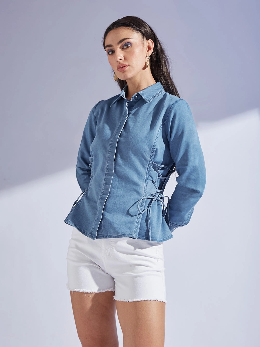 FoldableFeature Temperature Regulating Fabric Women's Light Blue Shirt Collar Full Sleeve Adjustable Tie Up Regular-Length Denim Shirt