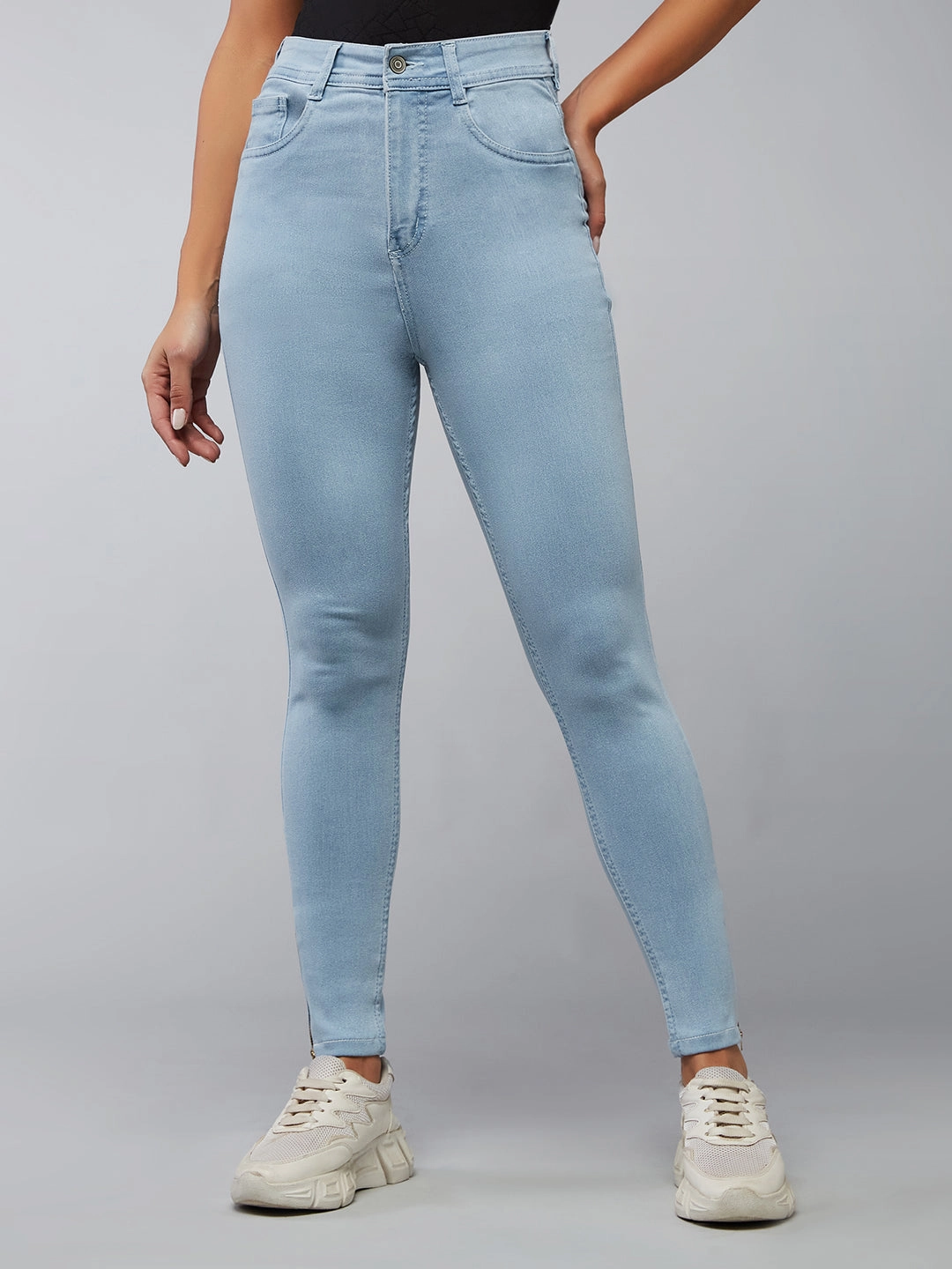 Women's Light Blue Skinny High-Rise Distressed Cropped Denim Jeans Sporty Comfort