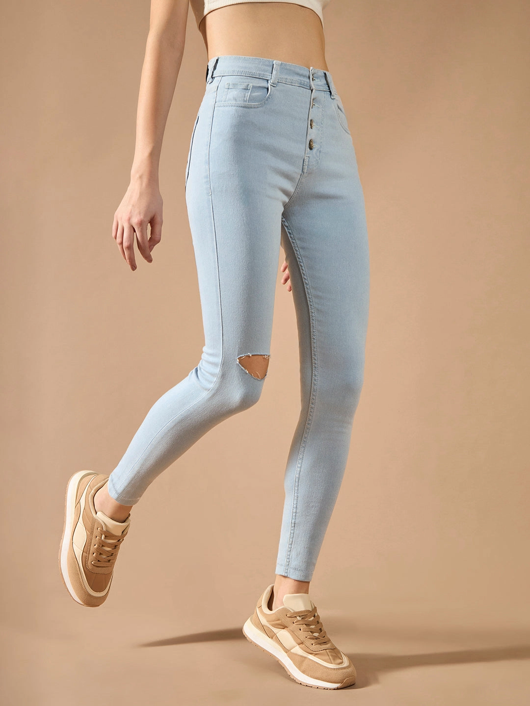 Easy Fashion Lightweight Parent Style Durable Women's Light Blue Skinny High-Rise Distressed Denim Jeans