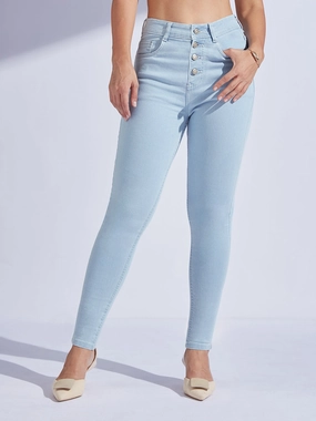 Bartack Stitching Classic Gym Ready Women's Light Blue Skinny High-Rise Distressed Ice Wash Denim Jeans