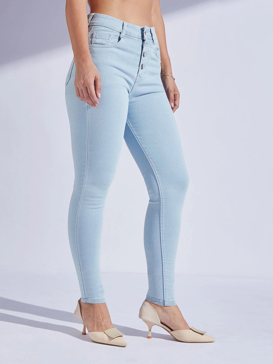 Winter Warmth Student Outfit Textured Women's Light Blue Skinny High-Rise Distressed Ice Wash Denim Jeans