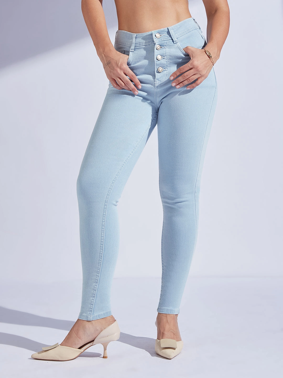 Women's Light Blue Skinny High-Rise Distressed Ice Wash Denim Jeans Durable Fabric Chill Outfit Streetwear Fan Holiday Vibes
