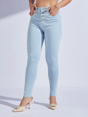 All Fit Design Women's Light Blue Skinny High-Rise Distressed Ice Wash Regular-Length Denim Jeans