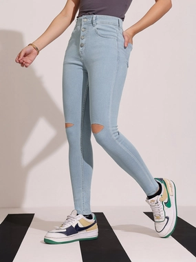 Women's Light Blue Skinny High-Rise Distressed Regular Denim Jeans Structured Hemline