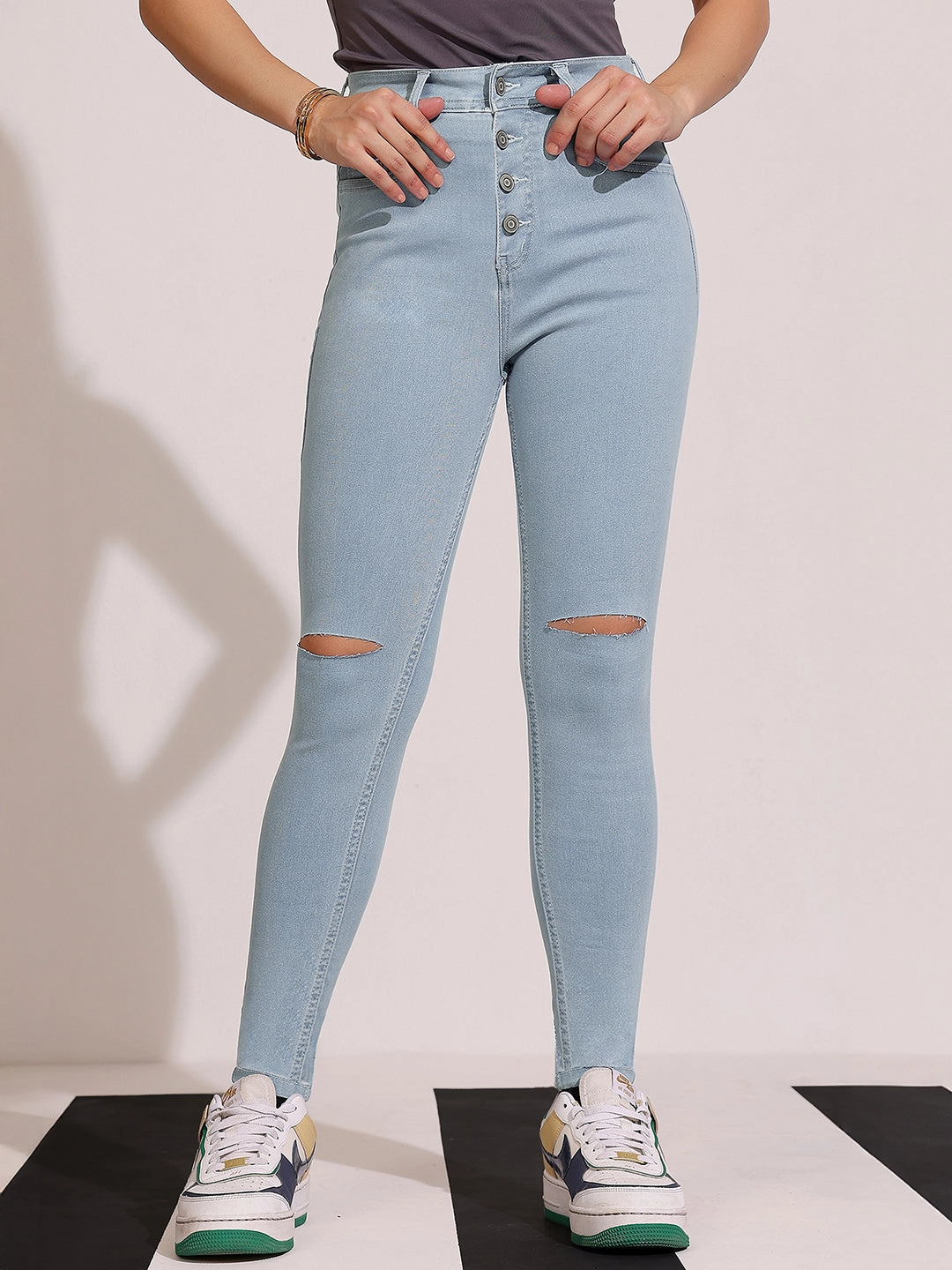 Women's Light Blue Skinny High-Rise Distressed Regular Denim Jeans Smart Layer Effortless Fit
