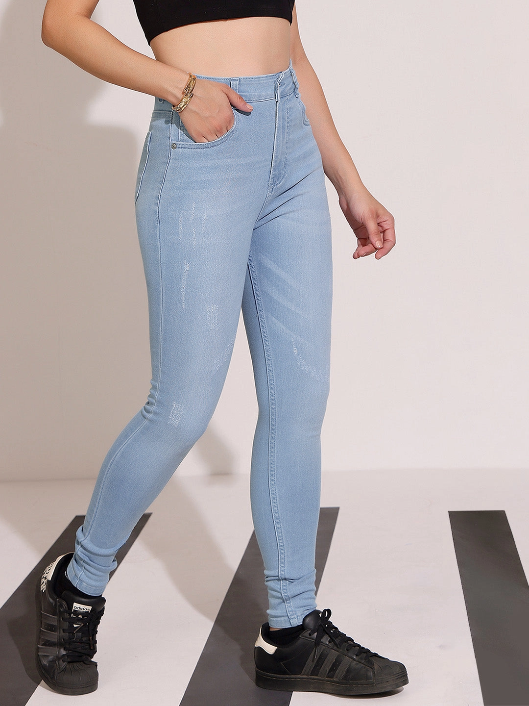 Women's Light Blue Skinny High-Rise Mild Distress Regular Stretchable Denim Jeans Chill Outfit Spring Mood Timeless Waist