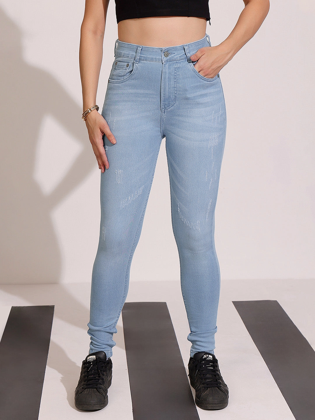 Soft Touch Women's Light Blue Skinny High-Rise Mild Distress Regular Stretchable Denim Jeans