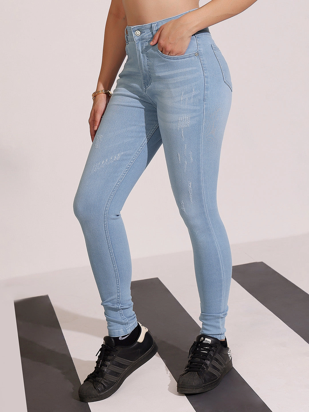 Women's Light Blue Skinny High-Rise Mild Distress Regular Stretchable Denim Jeans Classic Wear Morning Stroll