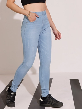 Women's Light Blue Skinny High-Rise Mild Distress Regular Stretchable Denim Jeans Chill Outfit Spring Mood Timeless Waist